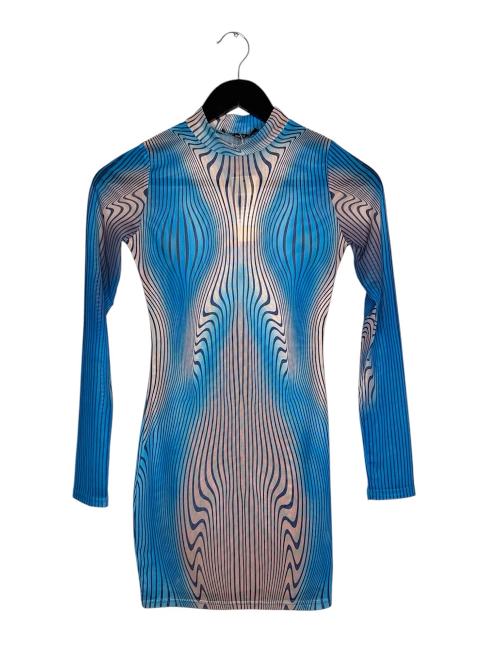 NWT MURCI Blue Illusion Wave Mesh Sheer Bodycon Dress US 4 Cyberpunk Futuristic
